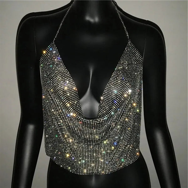 Festival Brilliant Rhinestone Backless Party Crop Top Women 2025 Summer Glitter Evening V Neck Diamonds Metal Tank Tops