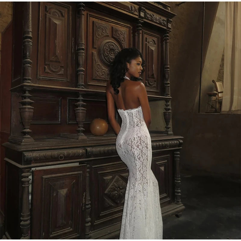 Thessaly Lace Halter Cutout Backless Mermaid Maxi Dress