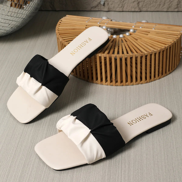 Paulette Ruched Square-Toe Flat Slide Sandals