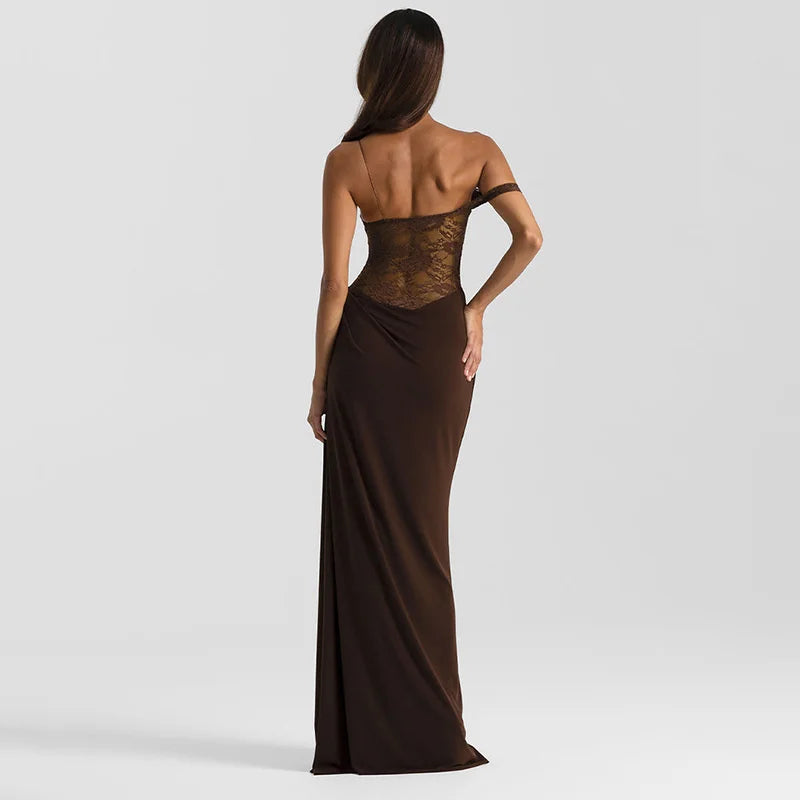 Valentina Cocoa Lace Draped Maxi Dress