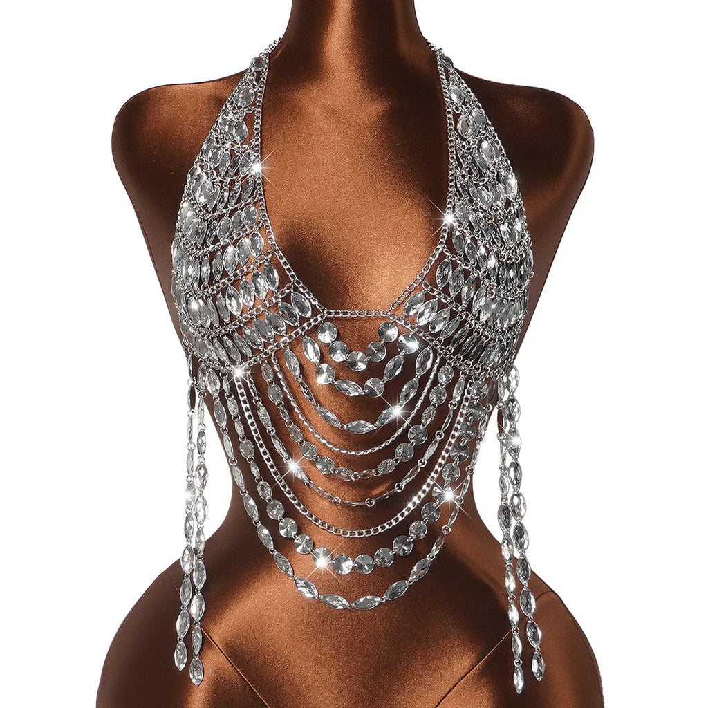 Women Rhinestone Halter Body Top Deep V Open Back Multi Layer Fringe Tassel Crystal Chain Crop Vest Nightclub Rave Jewelry Top