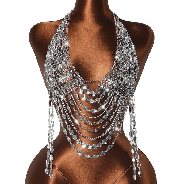 Women Rhinestone Halter Body Top Deep V Open Back Multi Layer Fringe Tassel Crystal Chain Crop Vest Nightclub Rave Jewelry Top