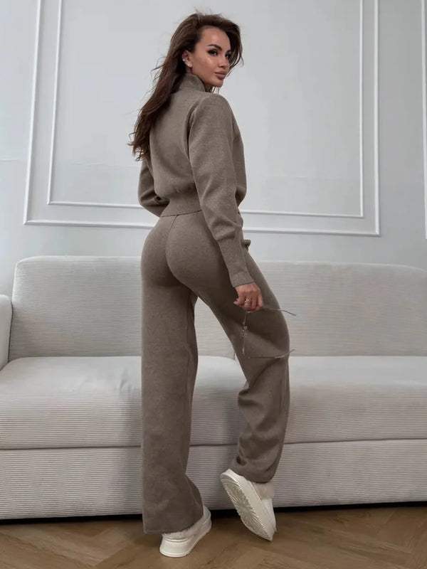 Sigourney Knit Zip-Up Cropped Cardigan & Wide-Leg Pants Two-Piece Set