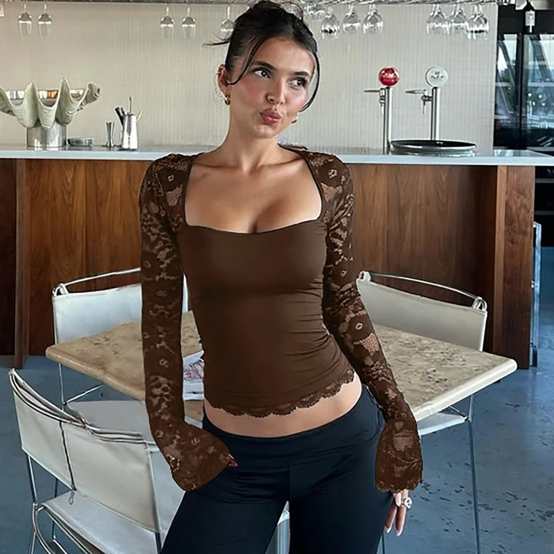 Isabella Midnight Lace Long Sleeve Square Neck Top