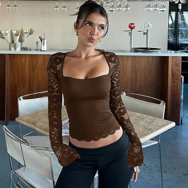 Isabella Midnight Lace Long Sleeve Square Neck Top