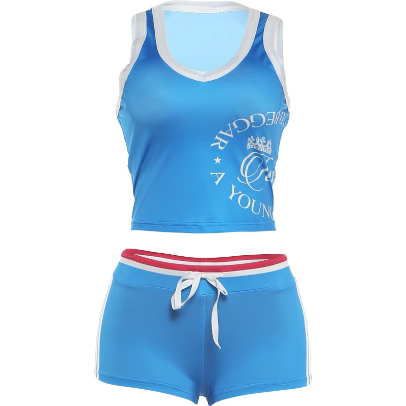 Kliou Casual Tracksuit 2 Piece Set Woman Summer Trend Letter Print V-Neck Crop Tops+Drawstring Shorts Sporty Style Basic Suits