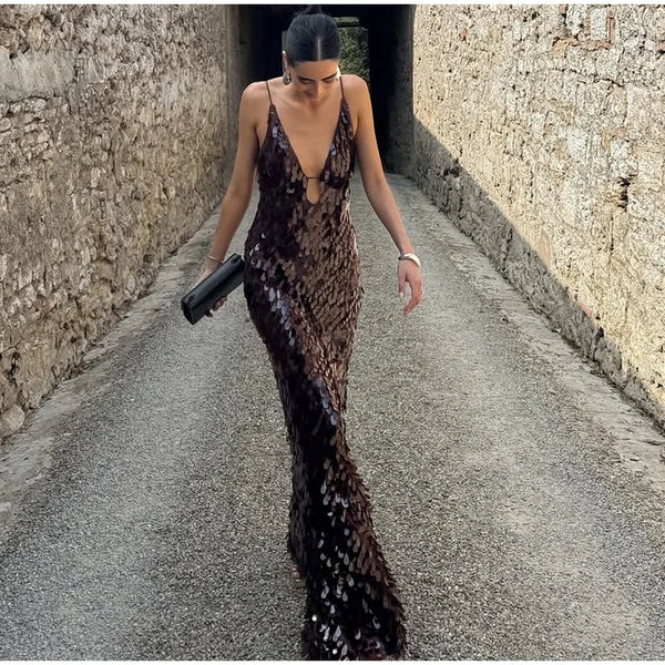 Ismene Sequin Plunge Keyhole Backless Cami Mermaid Maxi Dress