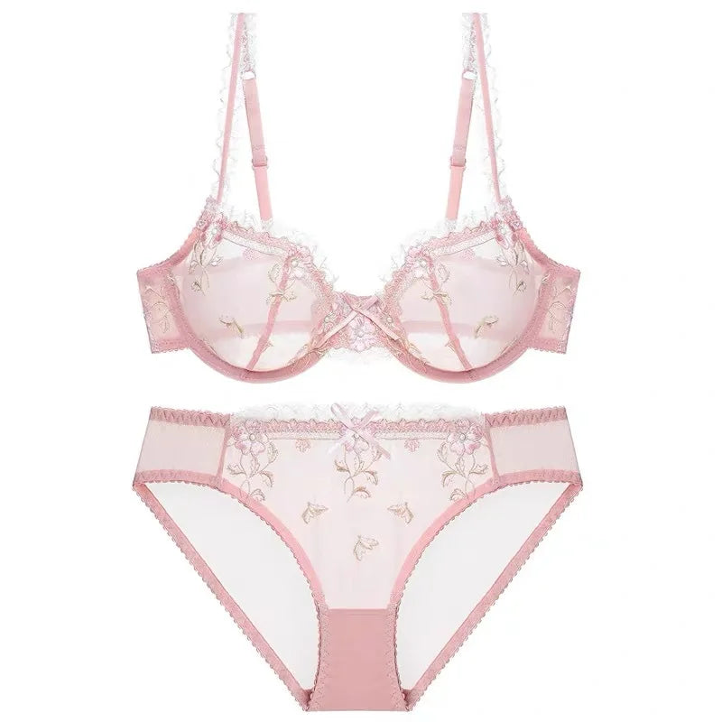 Rosalba Lotus Embroidered Sheer Lace Underwire Bra & Brief Lingerie Set