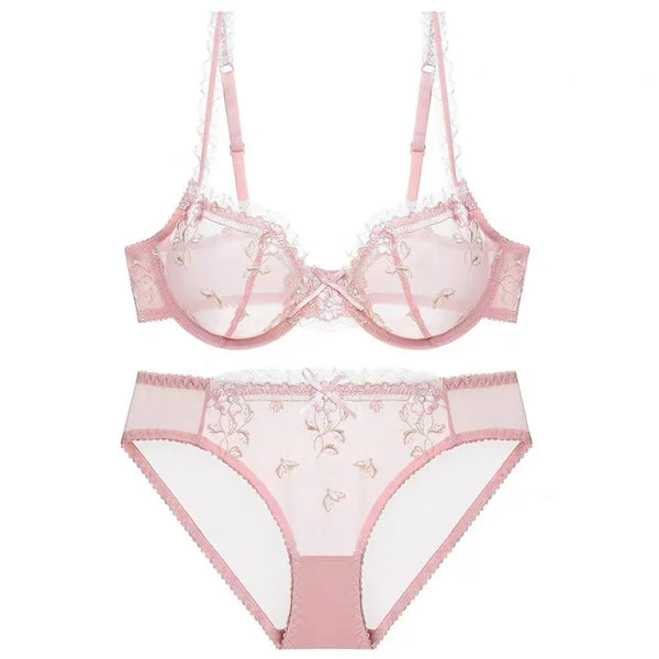 Rosalba Lotus Embroidered Sheer Lace Underwire Bra & Brief Lingerie Set