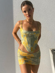 Floral Print Two Piece Set For Women Matching Set Corset Top And Mini Skirt Sets Summer Holiday Vacation Outfits