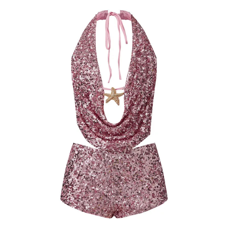 Wynonna Sequin Halter Cowl Crop Top & Mini Skirt Set