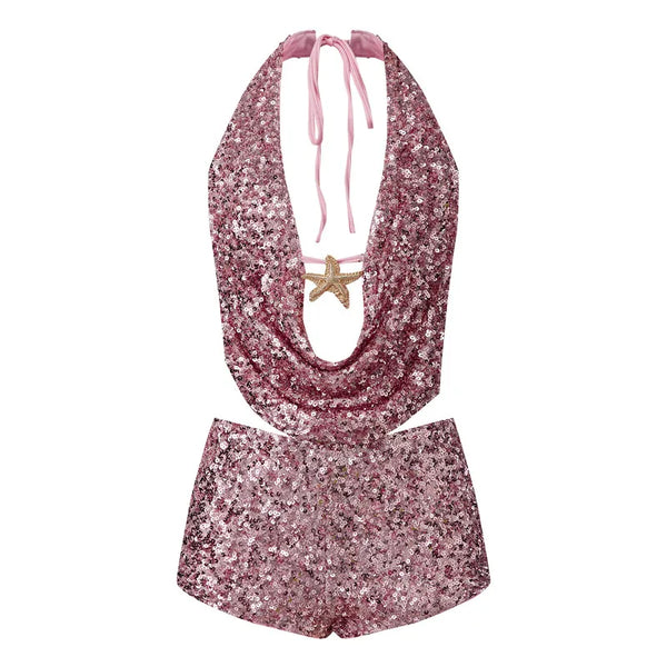 Wynonna Sequin Halter Cowl Crop Top & Mini Skirt Set