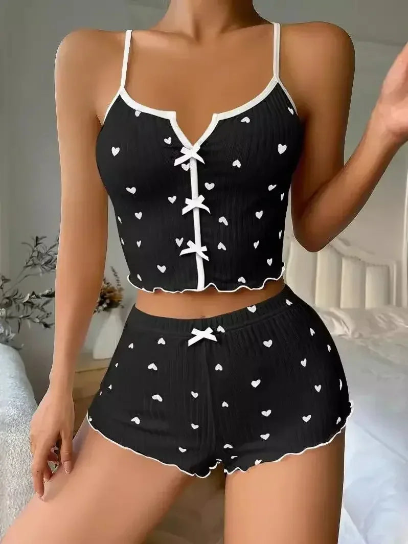 Lacey Heart-Print Ribbed Pajama Two-piece