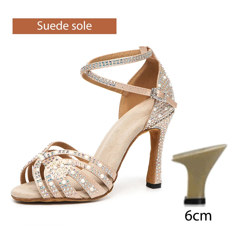 DKZSYIM Rhinestone Latin Dance Shoes Female Latin Salsa Girl Casual Shoes Black Bronze Skin Shiny Ballroom Dance Shoes Sandals
