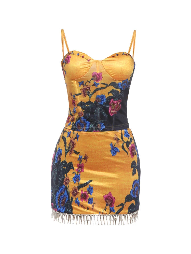 Guinevere Floral Fringe Beaded Mini Skirt Set Two-piece