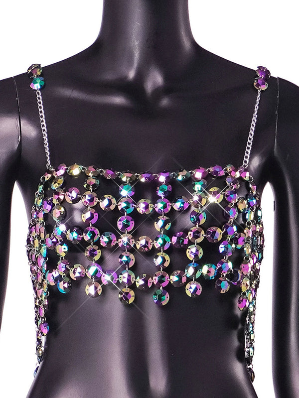Eira Iridescent Metal Rhinestone Halter Crop Top