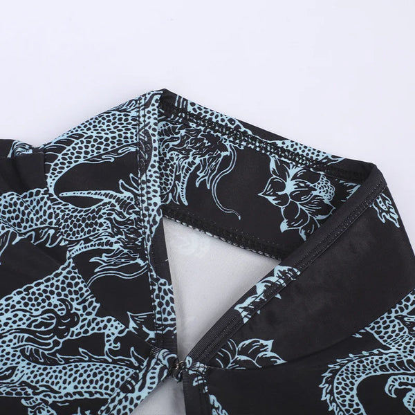 Xiaolan Dragon Print Keyhole Mandarin-Collar Qipao Bodycon Mini Dress
