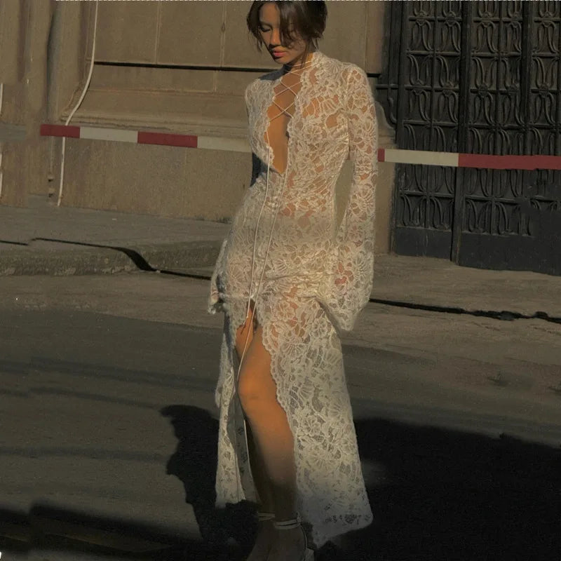 Vivienne Lace-Up Sheer Split Maxi Dress