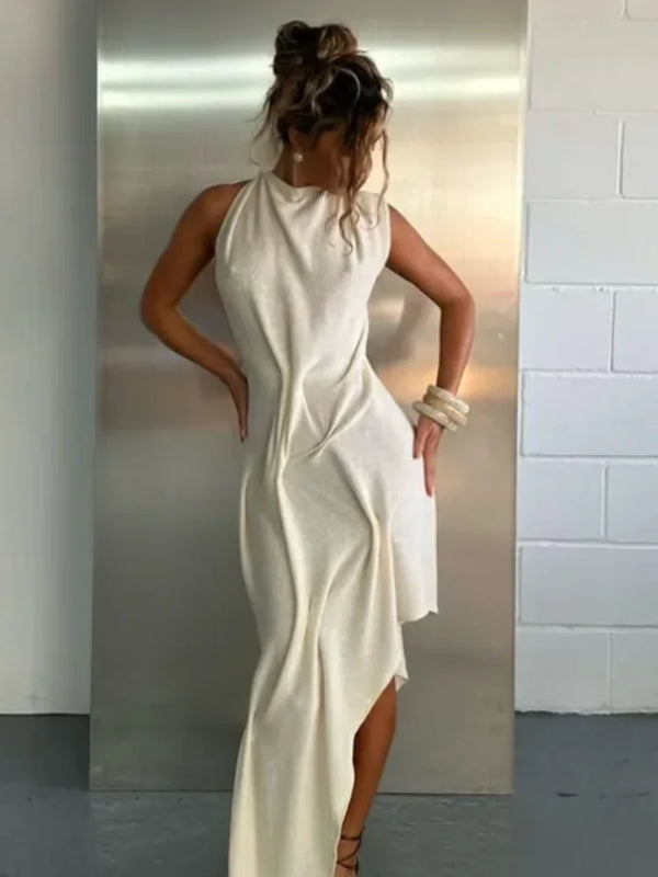 Amelie Ruched Asymmetrical Halter Maxi Dress