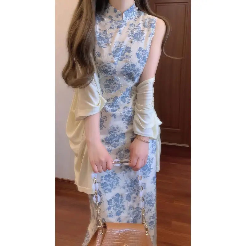 Jing Blue Porcelain Qipao Maxi Dress or Cape