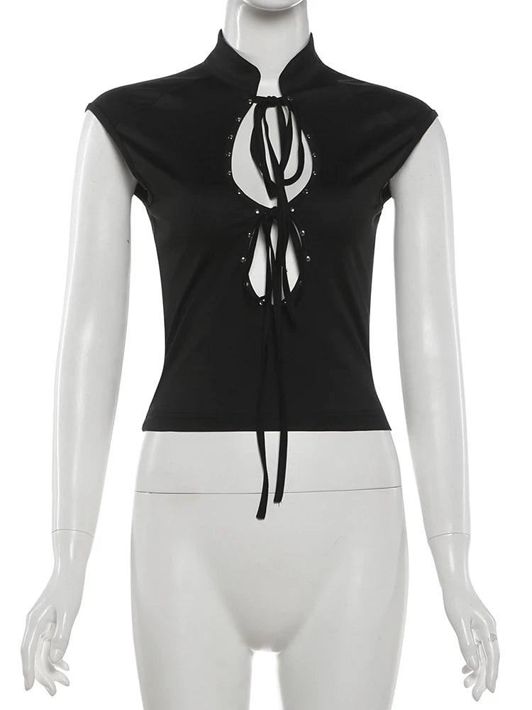 Josie Black Rivet Cutout Bandage Top