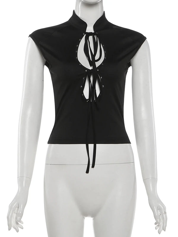 Josie Black Rivet Cutout Bandage Top