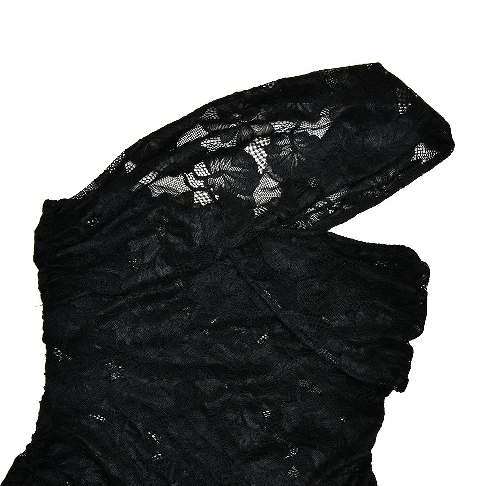 Amaranta Sheer Lace & Leopard One-Shoulder Ruffle Dress