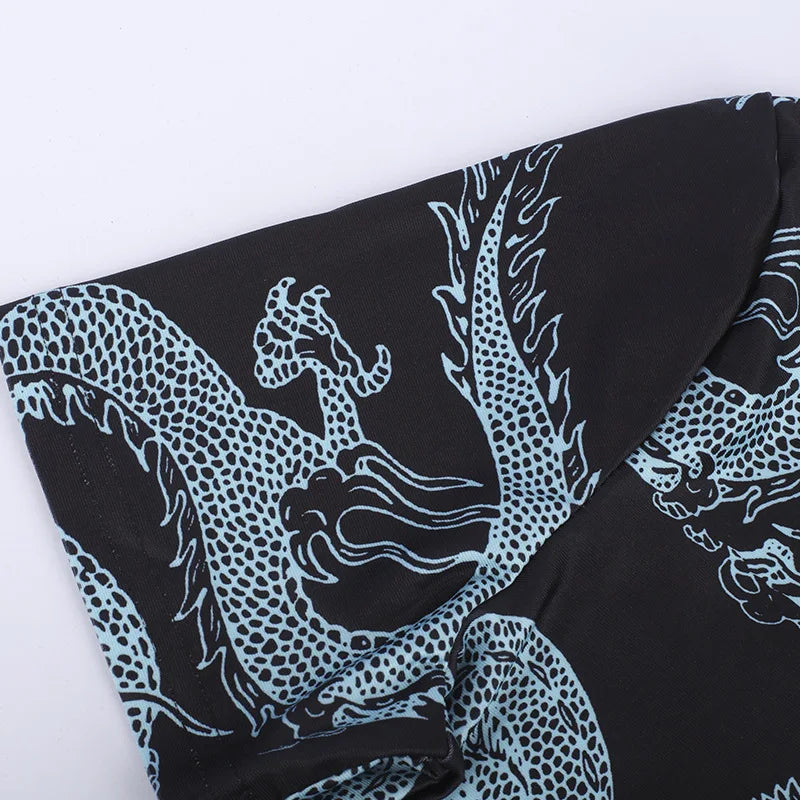 Xiaolan Dragon Print Keyhole Mandarin-Collar Qipao Bodycon Mini Dress