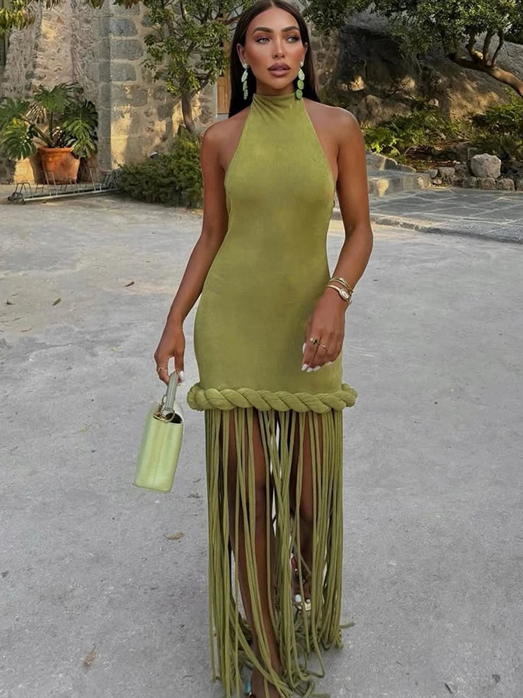 Renata Tassel Halter Backless Maxi Dress