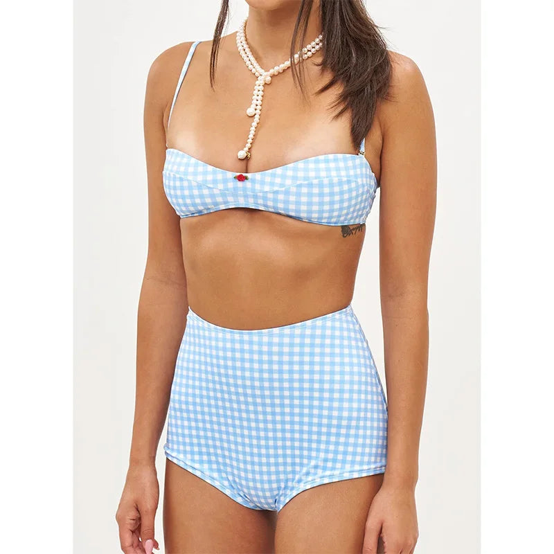 ZRTAK Blue Grid Sexy High Waist Bikini Micro Thongs Bathing Suit Swimsuit Women Biquini Beachwear Swimwear 2 Piece Bikini Sets