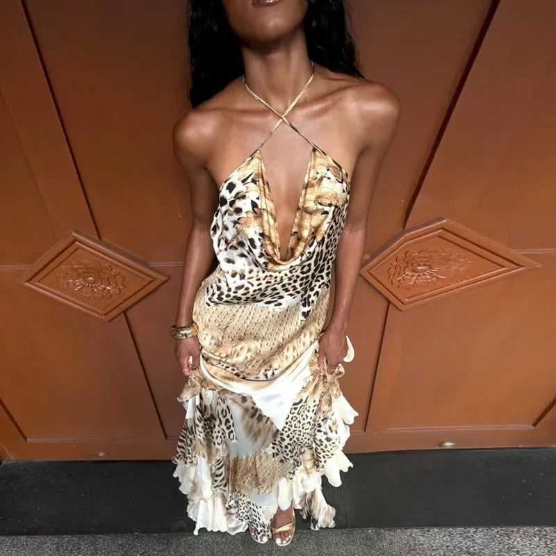 Leocadia Leopard Print Halter Ruffle-Tier A-Line Maxi Dress