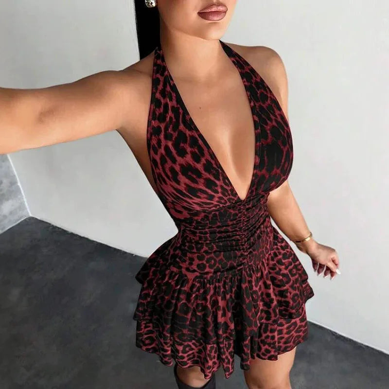 Yesenia Leopard Halter Plunge Ruffle Mini Dress