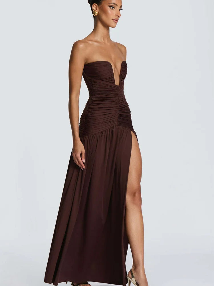 Celestia Strapless Pleated Split Maxi Dress