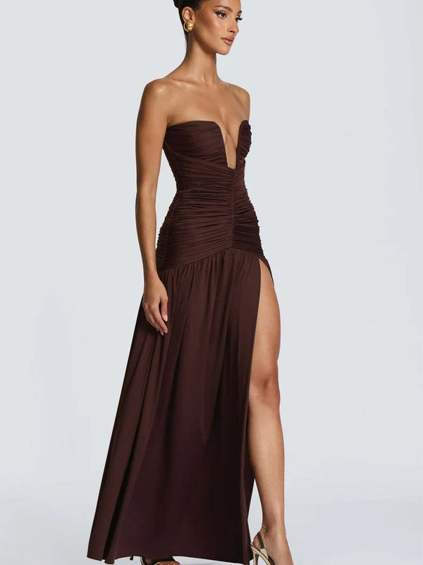 Celestia Strapless Pleated Split Maxi Dress