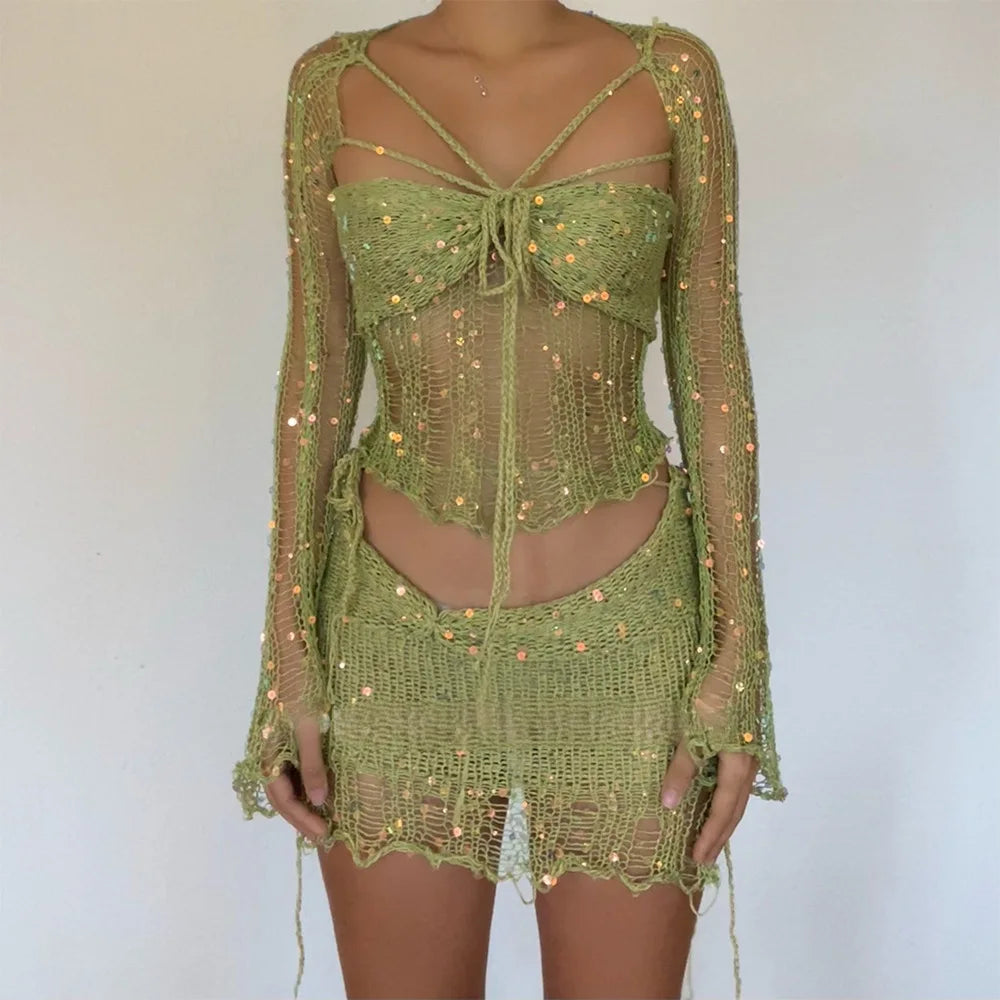 Marisela Sequin Crochet Knit Tie-Front Crop Top & Mini Skirt Two-piece