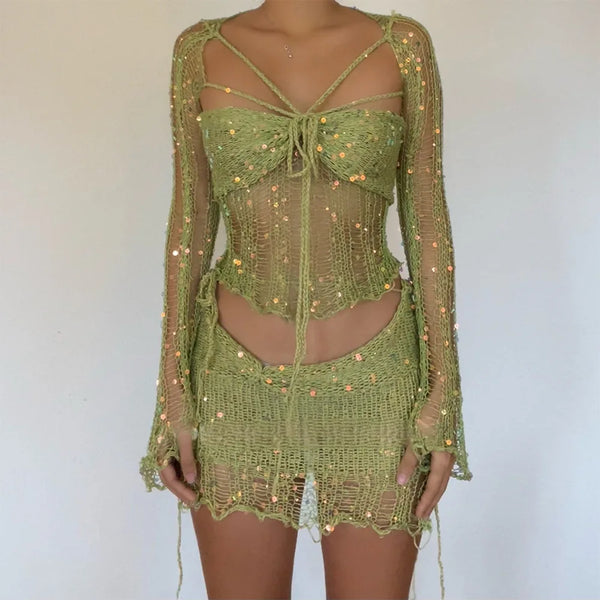 Marisela Sequin Crochet Knit Tie-Front Crop Top & Mini Skirt Two-piece