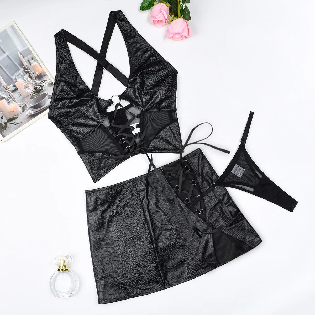 Raven Faux-Leather Lace-Up Cross-Halter Lingerie Mini Skirt Set Two-piece