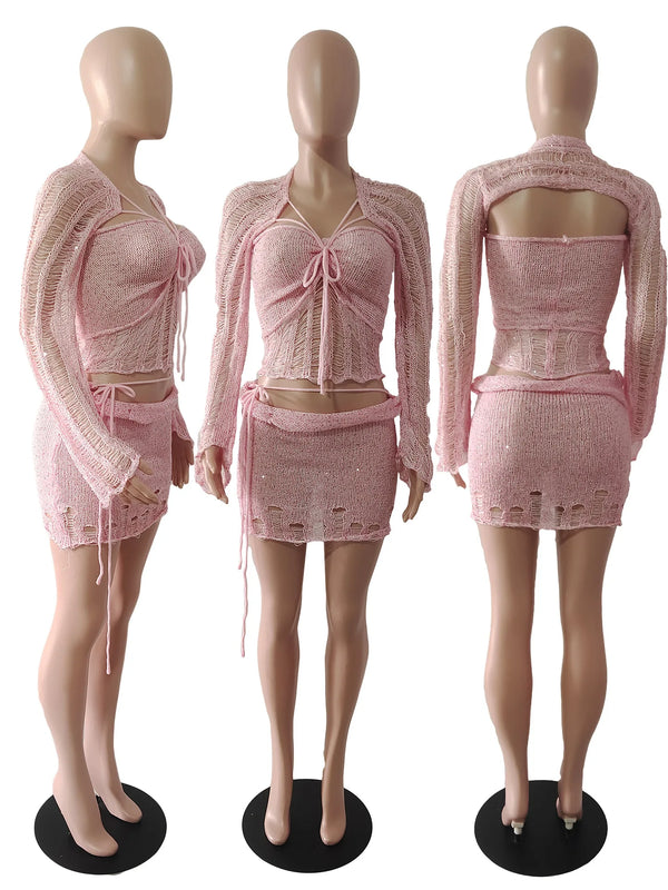 Marisela Sequin Crochet Knit Tie-Front Crop Top & Mini Skirt Two-piece