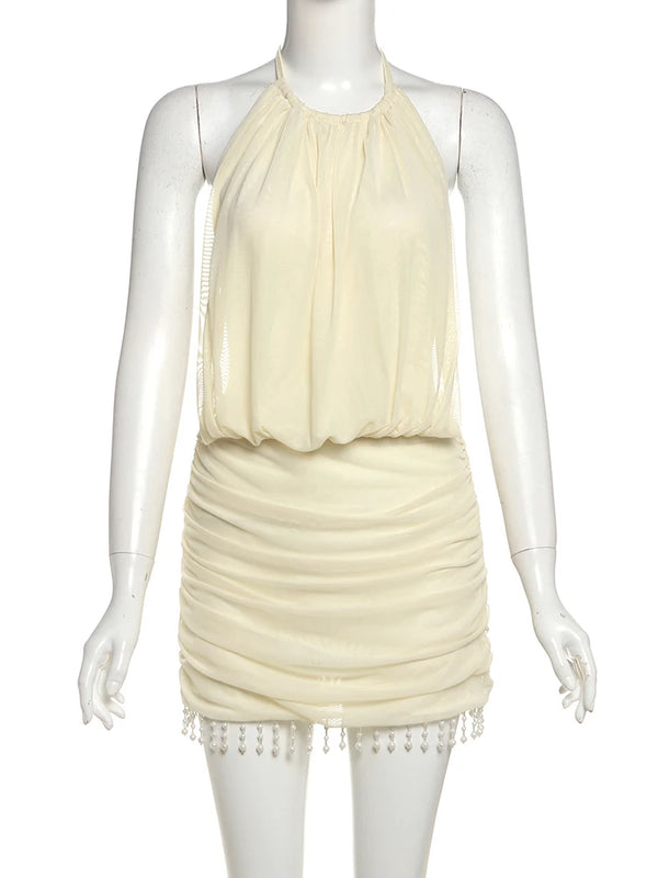 Celeste Pearl-Tassel Mesh Halter Mini Dress