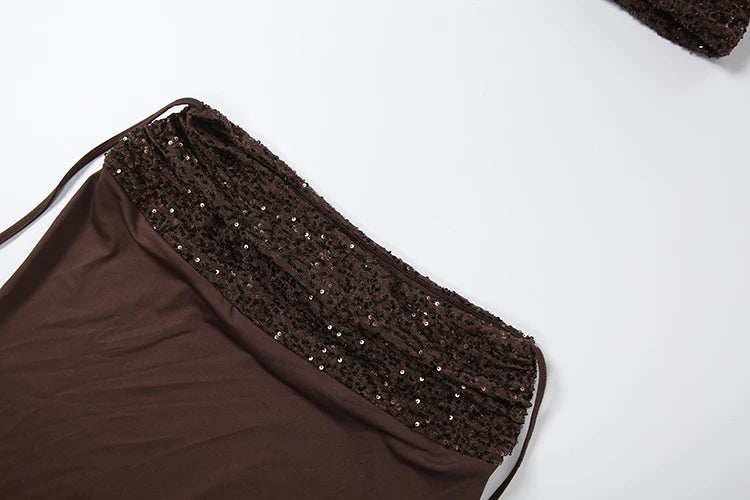 Kliou Shiny Sequin 2 Piece Set Women Bandage Halter Backless Tank Top+Ribbon Decoration Long Skirts Evening Party Elegant Suits