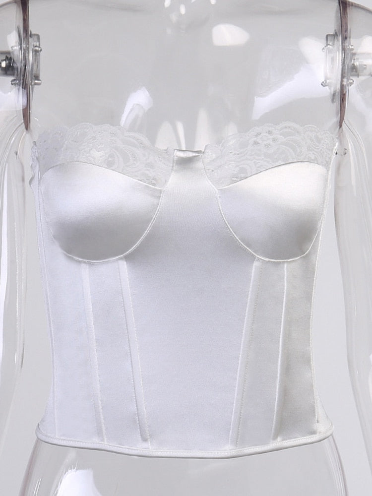 Viifaa Lace Trim White Satin Strapless Sexy Corset Crop Top Women Zipper Back Tight Bustier Clubwear Party Female Slim Tops