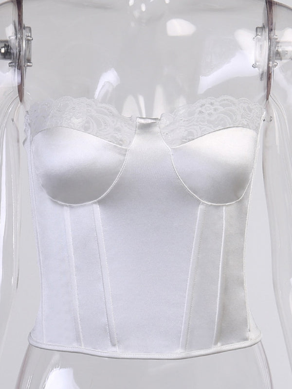 Viifaa Lace Trim White Satin Strapless Sexy Corset Crop Top Women Zipper Back Tight Bustier Clubwear Party Female Slim Tops
