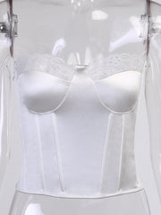 Viifaa Lace Trim White Satin Strapless Sexy Corset Crop Top Women Zipper Back Tight Bustier Clubwear Party Female Slim Tops