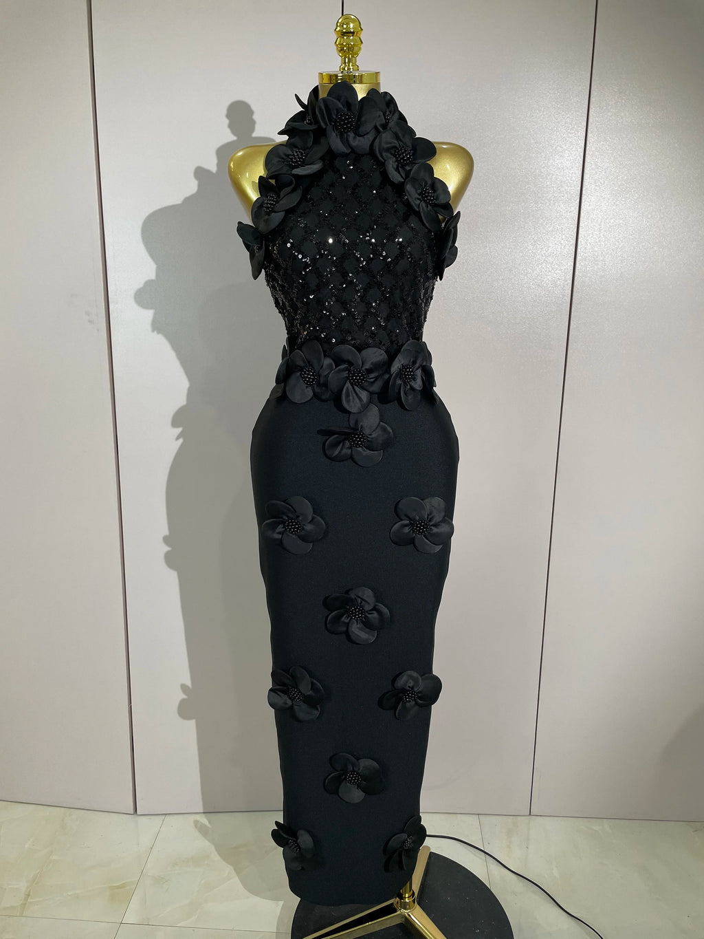 Winona Beaded Floral Mesh Bandage Maxi Dress