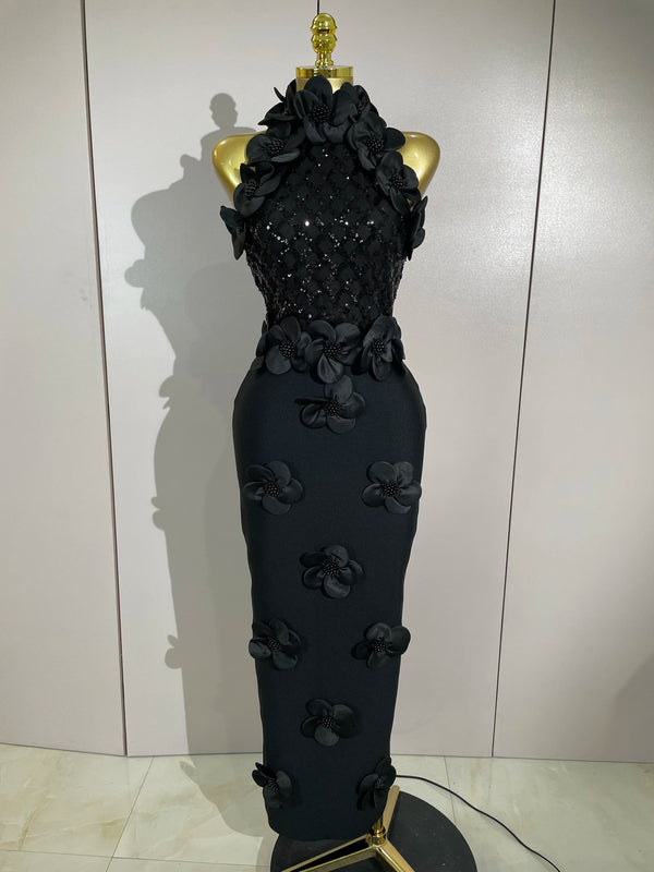 Winona Beaded Floral Mesh Bandage Maxi Dress