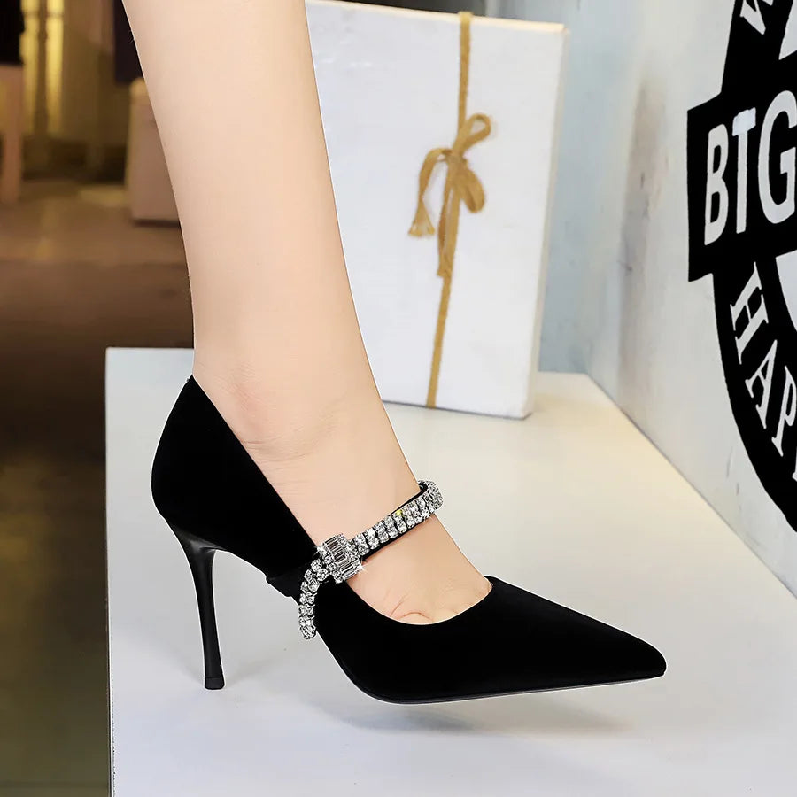 European and American Pointed Head Shallow Mouth Rhinestone Word with Banquet Thin Heel High Heel Women's Single Shoes