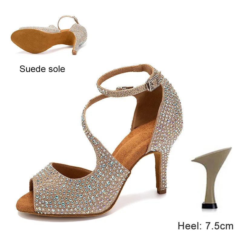 DKZSYIM Latin Dance Shoes For Women Ballroom Tango Rhinestones Dancing Shoes High Heels Black/Silver/Gold Women's Wedding Shoes