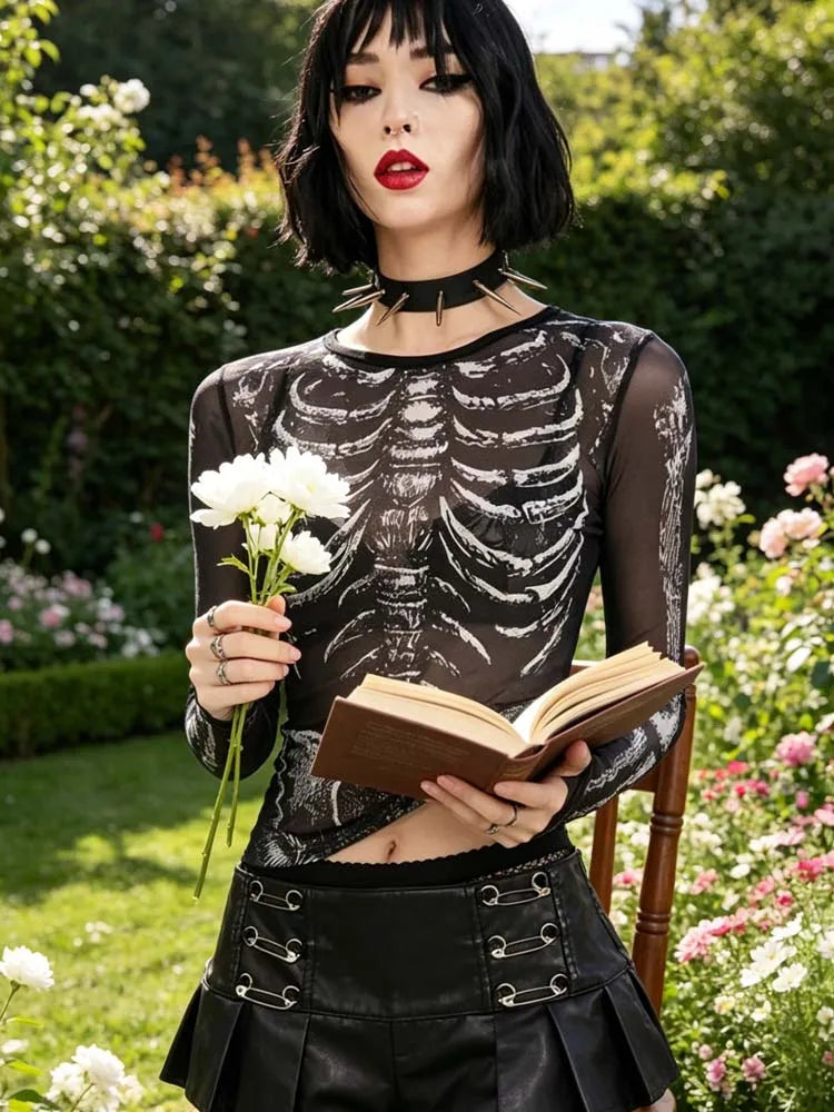 Morticia Skeleton Print Sheer Mesh Long-Sleeve Top One-piece