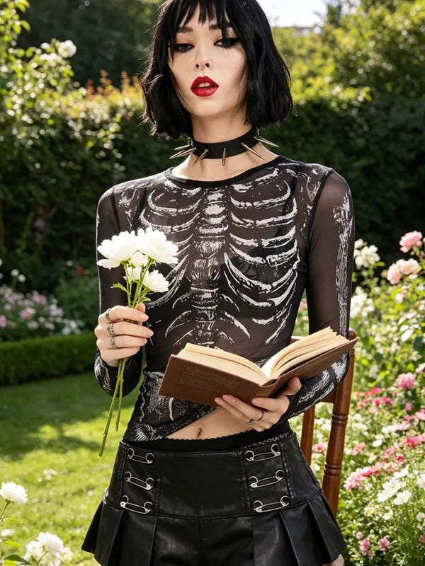 Morticia Skeleton Print Sheer Mesh Long-Sleeve Top One-piece