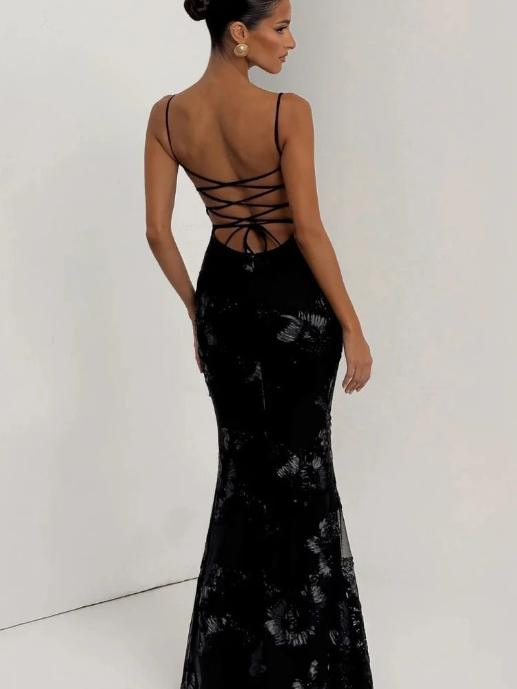 Liliana Floral Appliqué Backless Maxi Dress